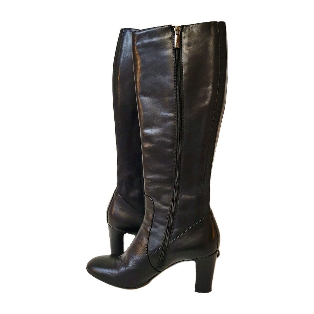 Aquatalia Black Leather Knee High Boots Stretch Back Block Heel Italy Women 8 - Picture 5 of 12